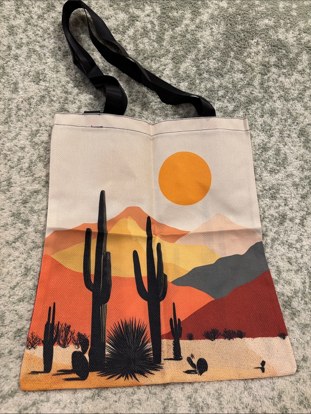 Desert Cactus Sunset Poly Canvas Tote Bag with Black Straps NWT 13.25x16”